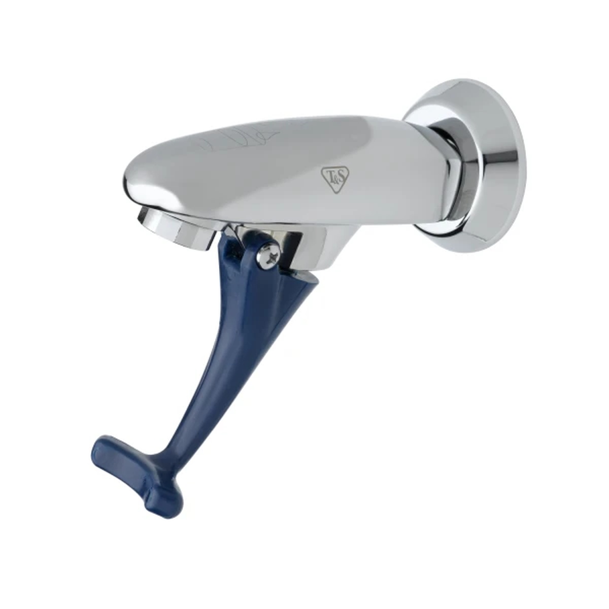 T&S Brass B-1200 wall-mount glass filler with polished chrome body and blue push-back actuation arm