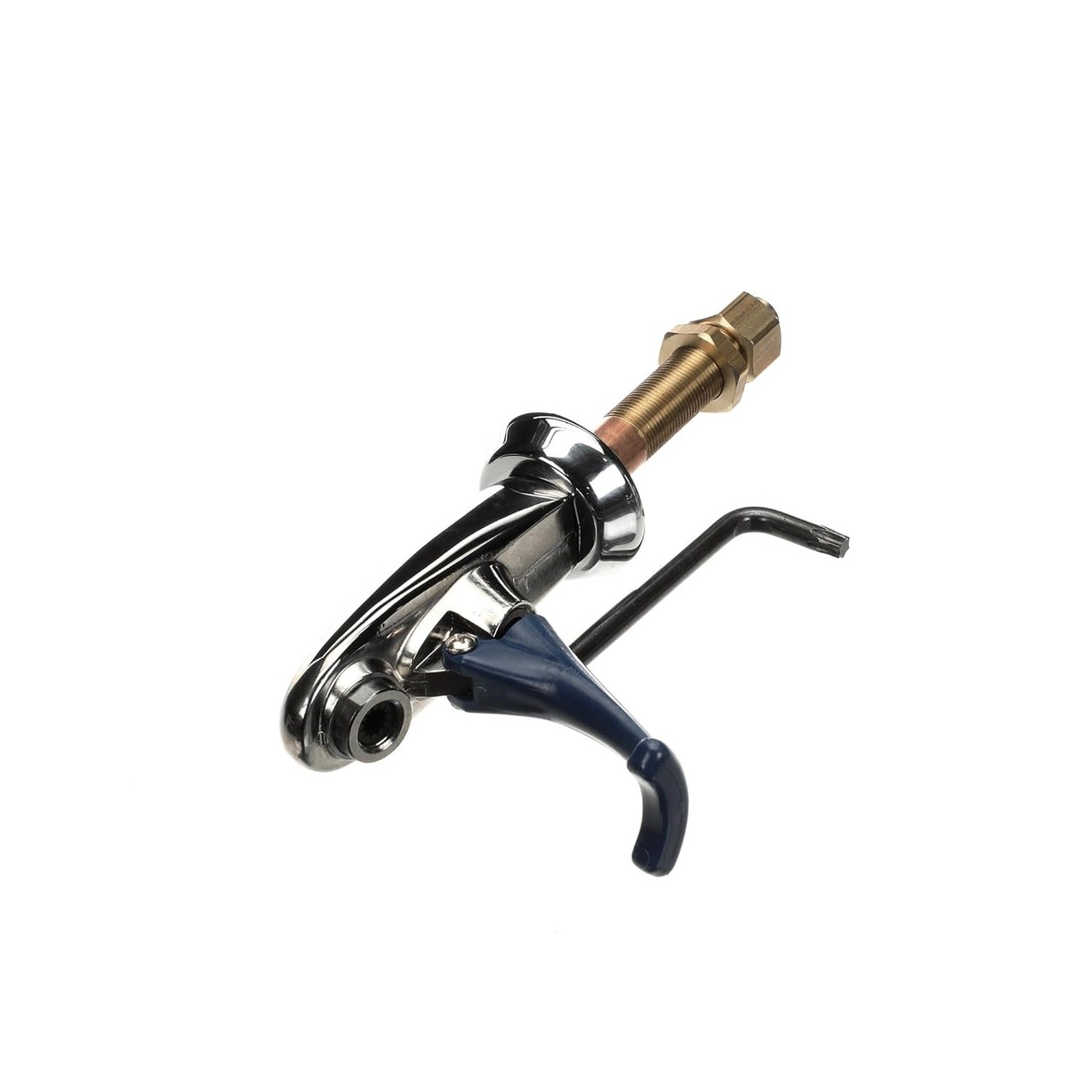 T&S Brass B-1202 glass filler front angle view showing chrome body, blue push-back arm extended downward, and hex wrench