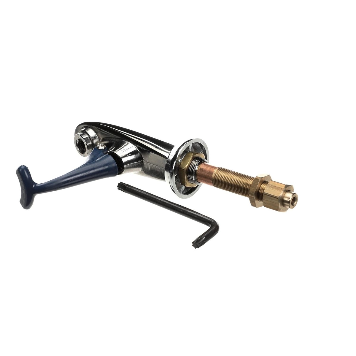 T&S Brass B-1202 glass filler with blue push-back arm, chrome body, extended brass nipple, and included hex key