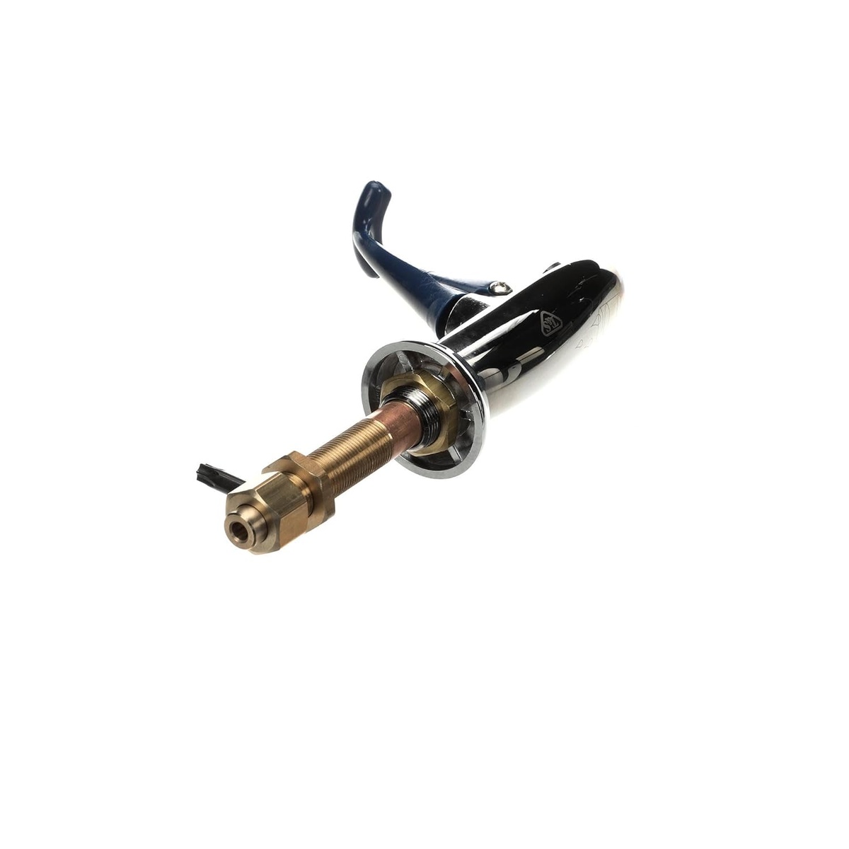 T&S Brass B-1202 glass filler rear angle view showing brass extended nipple and chrome body with blue arm