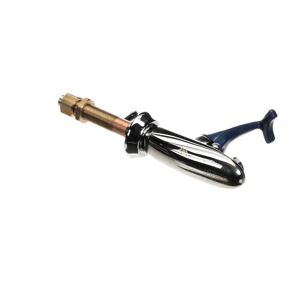 T&S Brass B-1202 glass filler side profile showing chrome finish, blue push-back arm, and threaded brass supply nipple