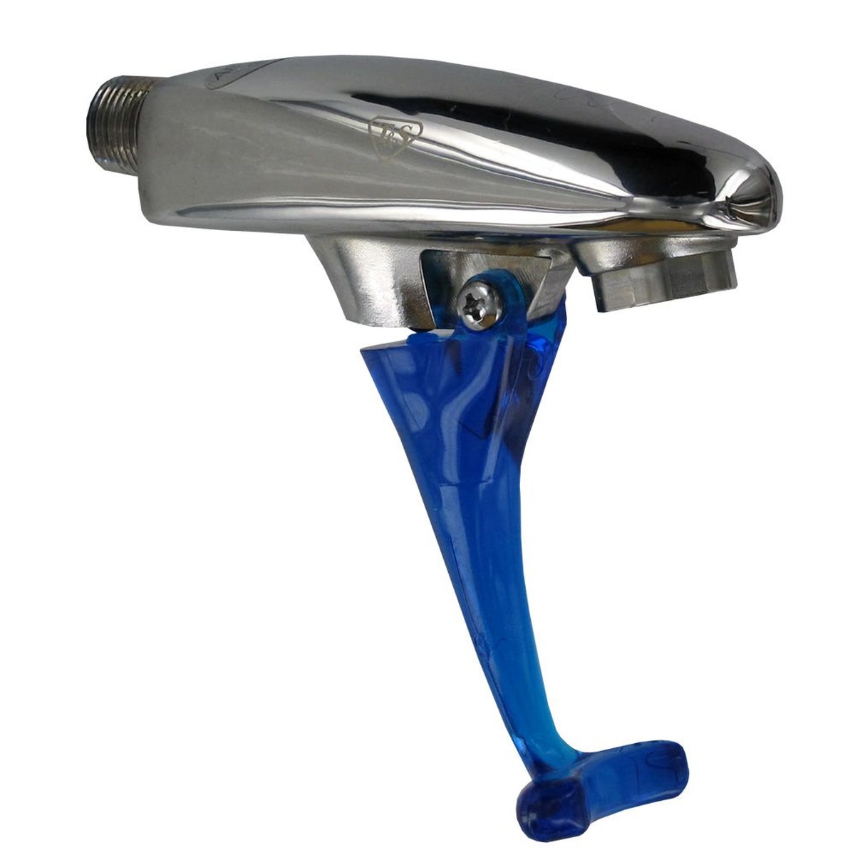 T&S Brass B-1205 polished chrome wall mount push back glass filler with translucent blue Lexan arm