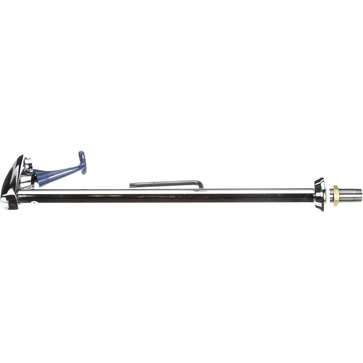 T&S Brass B-1210-16 glass filler shown from opposite horizontal angle highlighting the chrome body and blue arm