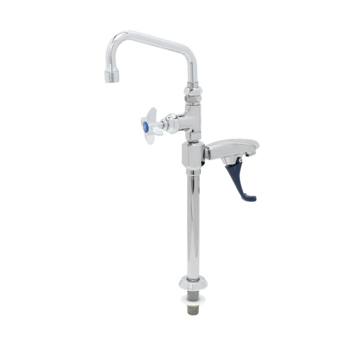 T&S Brass B-1225 glass and pitcher filler with chrome-plated brass body, 4-arm cross handle, push-back actuation arm, and 6-inch swing nozzle on pedestal base