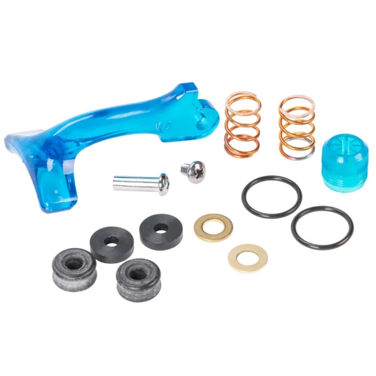 T&S Brass B-1255 repair kit contents including blue lever, copper springs, O-rings, rubber washers, screws, and blue cap on white background