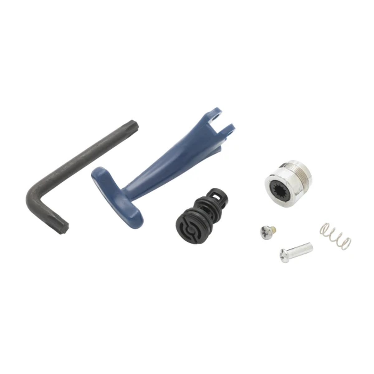 T&S Brass B-1256 repair kit components including blue actuator arm, hex key, valve assembly, spring, and hardware on white background