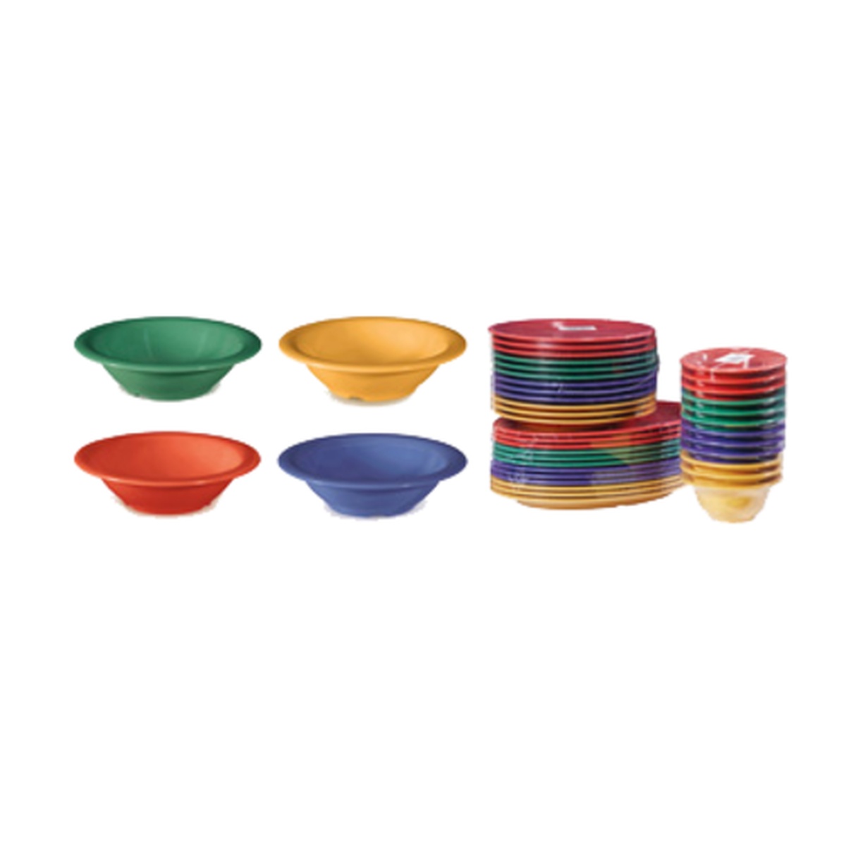 G.E.T. Enterprises B-127-MIX Diamond Mardi Gras 12 oz. melamine bowls in four assorted colors: rainforest green, tropical yellow, rio orange, and peacock blue, shown individually and stacked