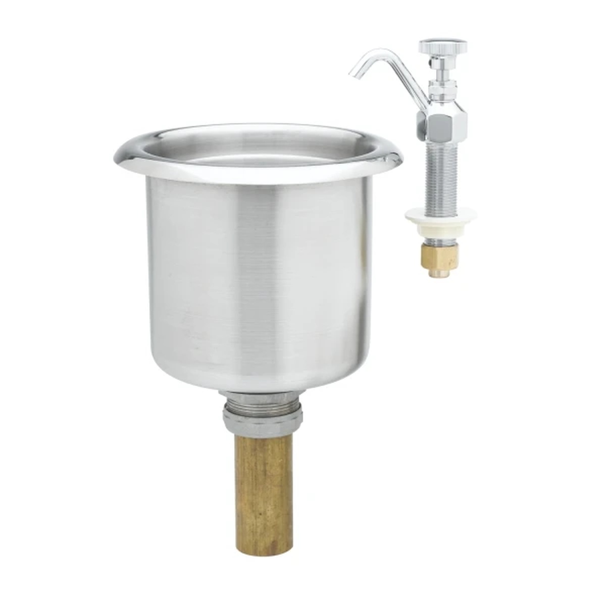 T&S Brass B-2282-01-F05 dipperwell faucet with stainless steel bowl, removable overflow cup, brass tailpiece, and chrome plated faucet assembly