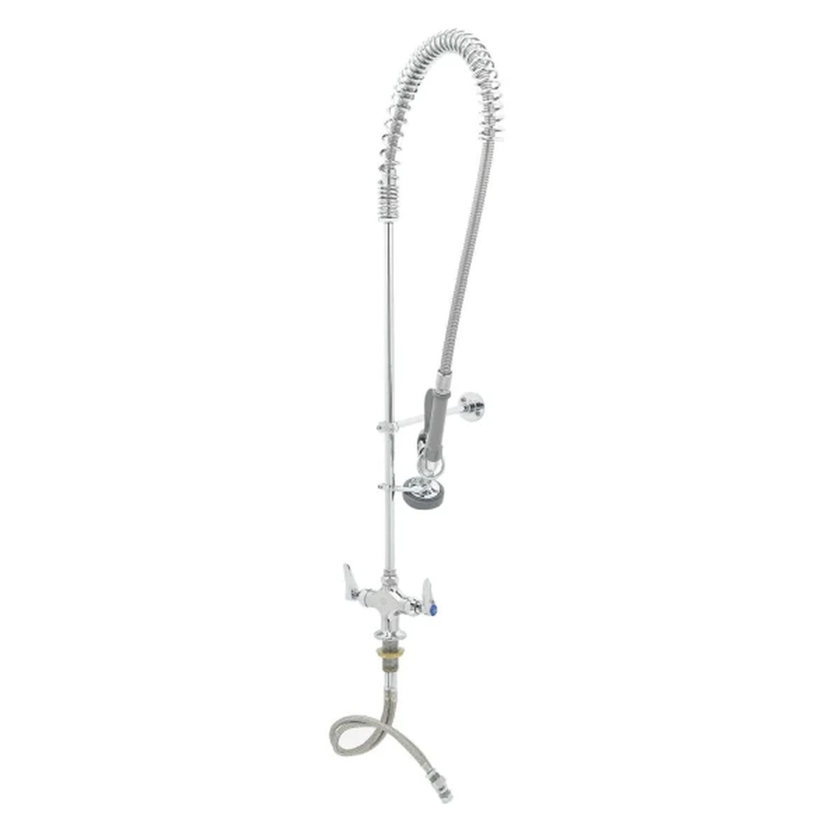 T&S Brass B-2349 single hole deck mount pre-rinse unit with polished chrome riser, overhead spring, flexible stainless steel hose, lever handles, and wall bracket