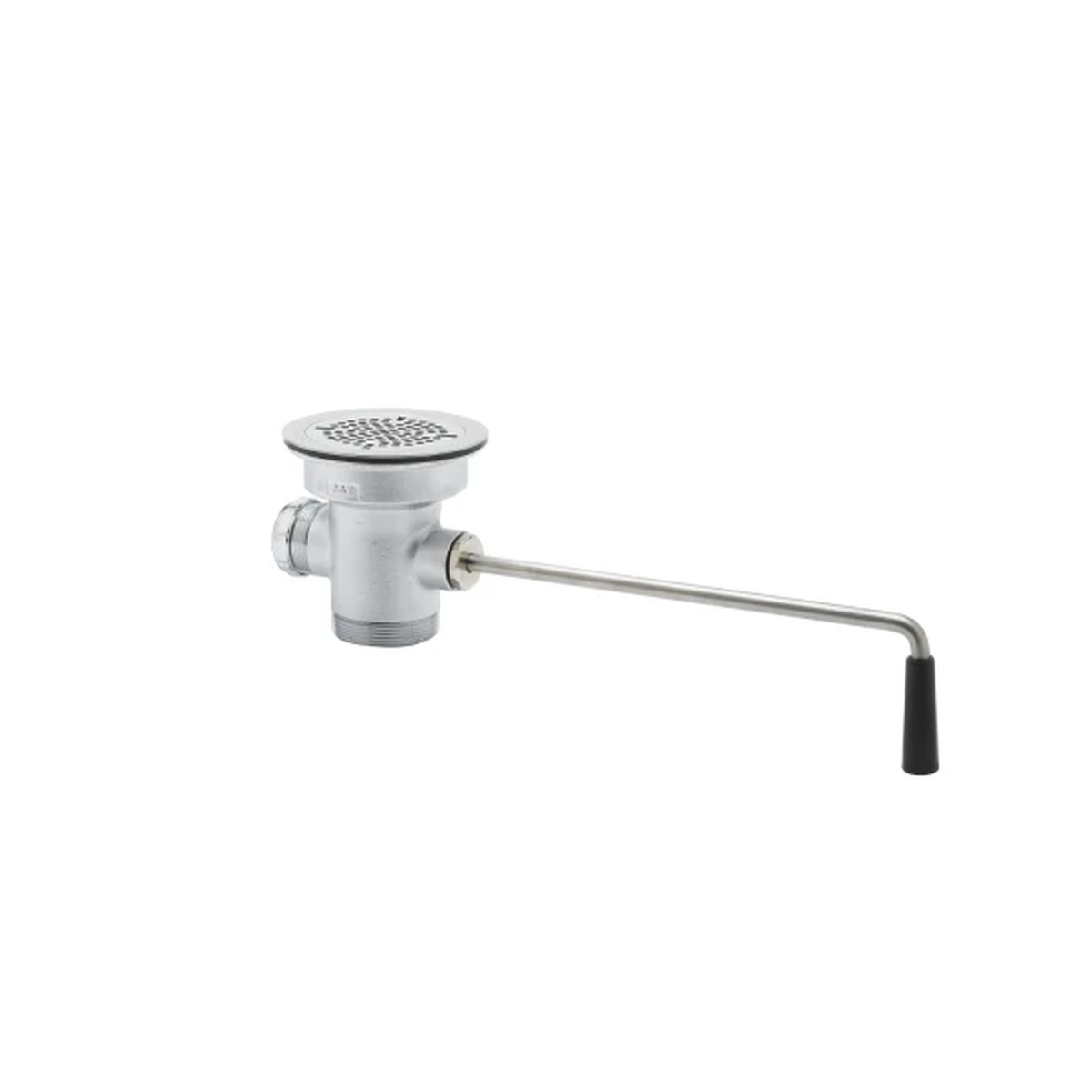 T&S Brass B-3952 rotary waste drain valve with twist handle, chrome-plated body, and snap-in strainer