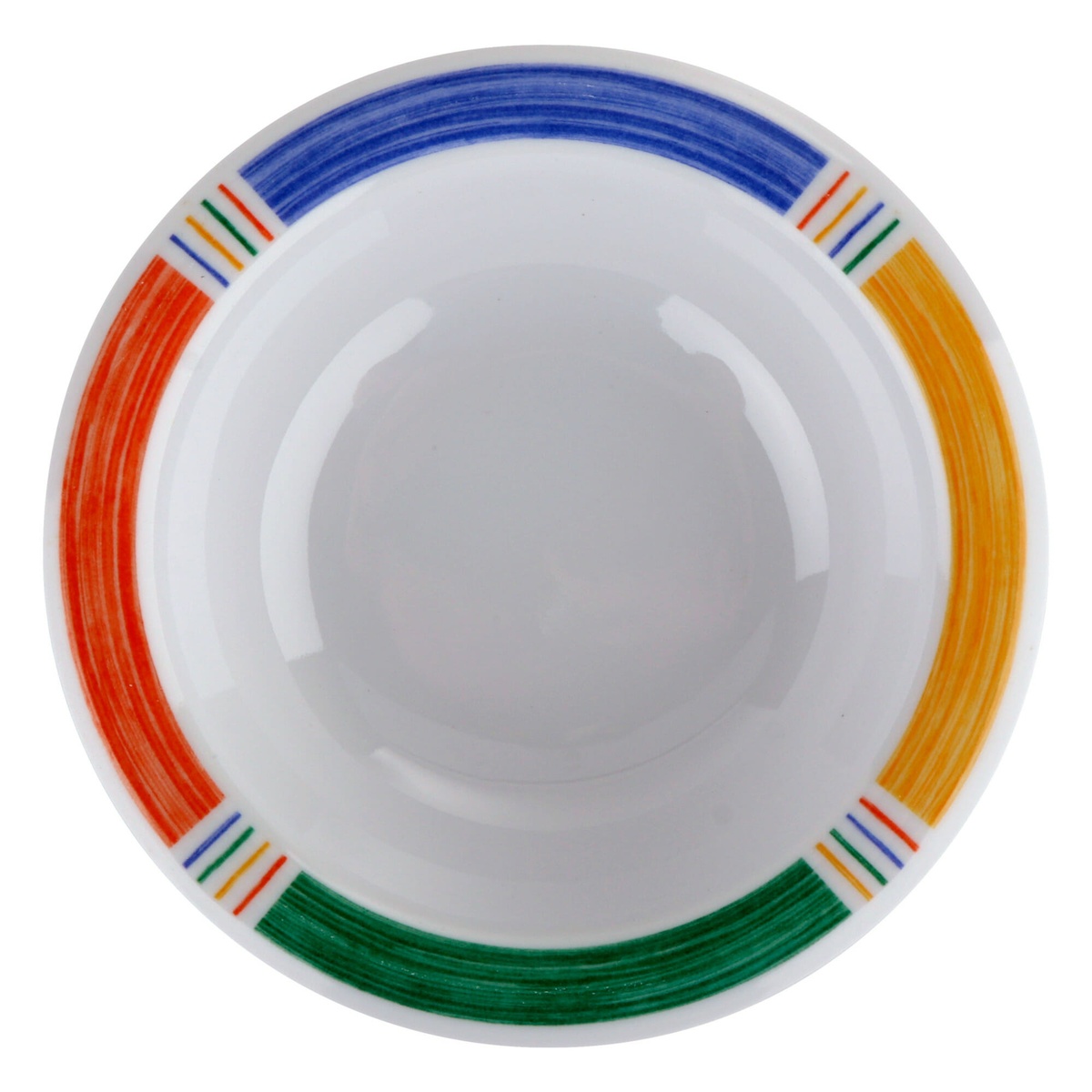 GET B-454 melamine bowl top-down view showing full rim pattern with blue, orange, yellow, and green brushstroke bands