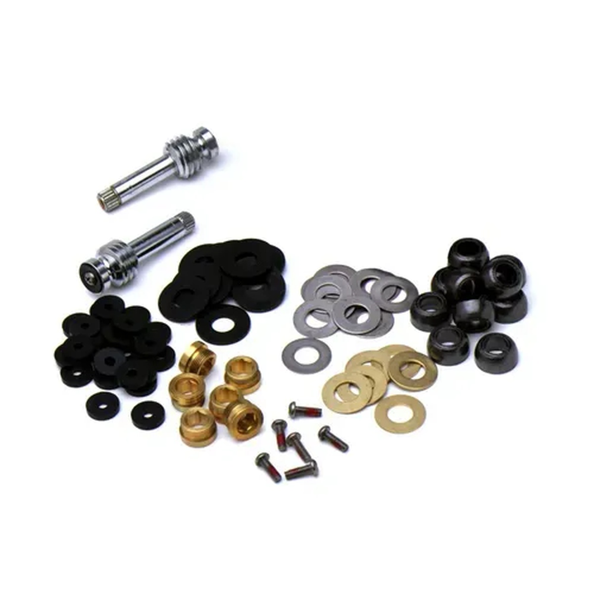 T&S Brass B-5K faucet repair kit components including spindles, washers, O-rings, screws, and seats laid out on white background