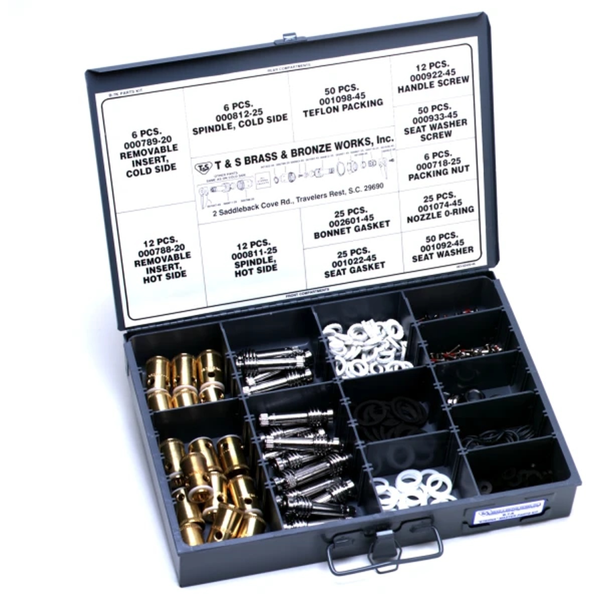 T&S Brass B-7K Master Parts Kit open metal case showing organized compartments with spindles, barrels, washers, gaskets, screws, and packing seals