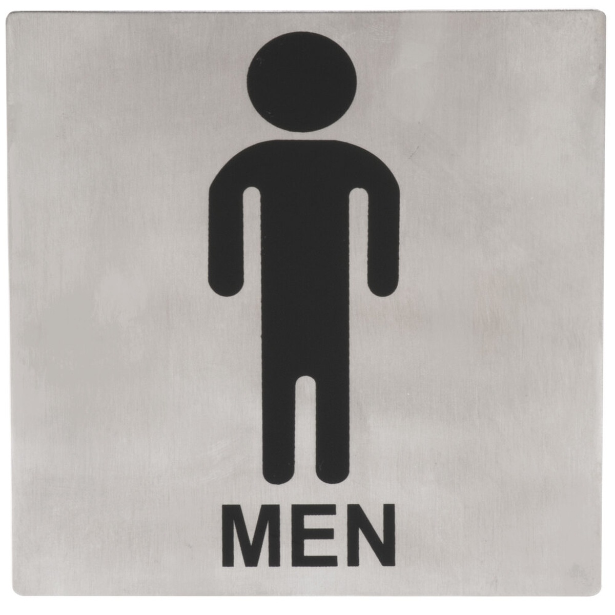 TableCraft B10 stainless steel Men restroom sign with black silkscreened male symbol and MEN text on brushed silver plate