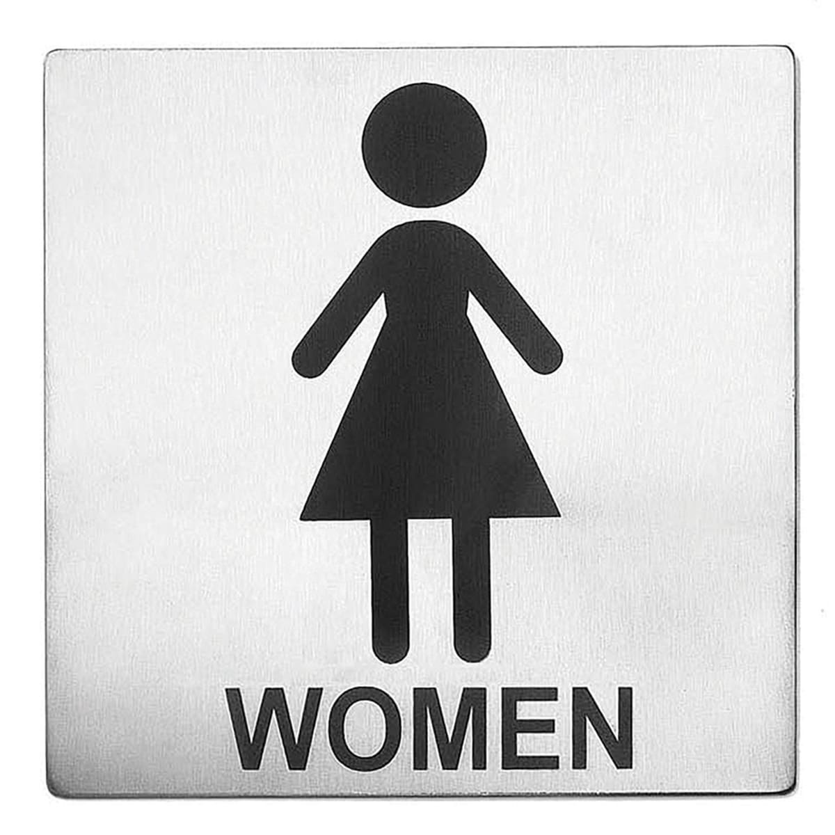Tablecraft B11 5x5 inch stainless steel Women restroom sign with black silkscreened female symbol and WOMEN text