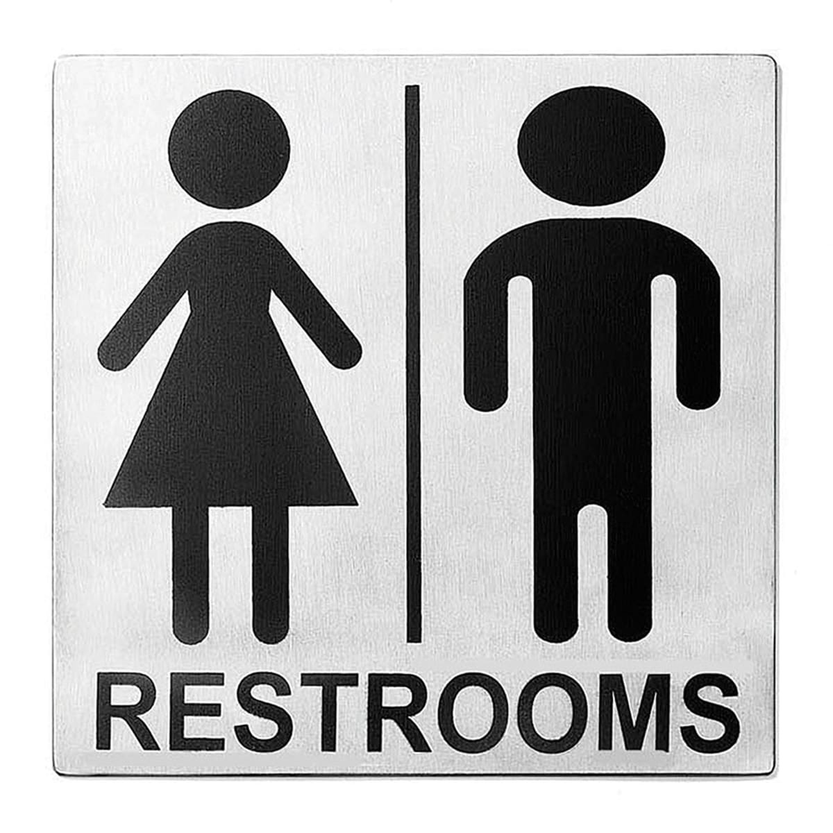 TableCraft B12 brushed stainless steel 5x5 inch restrooms sign with black male and female symbols and RESTROOMS text