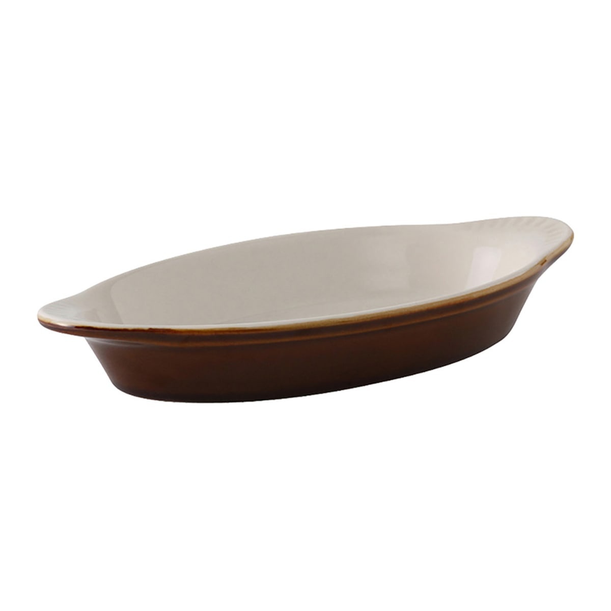 Tuxton B1N-080 oval Welsh rarebit dish with caramel exterior and eggshell interior