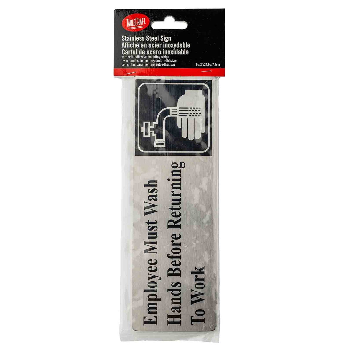 Tablecraft B22 stainless steel hand wash sign shown in original retail packaging with product dimensions label