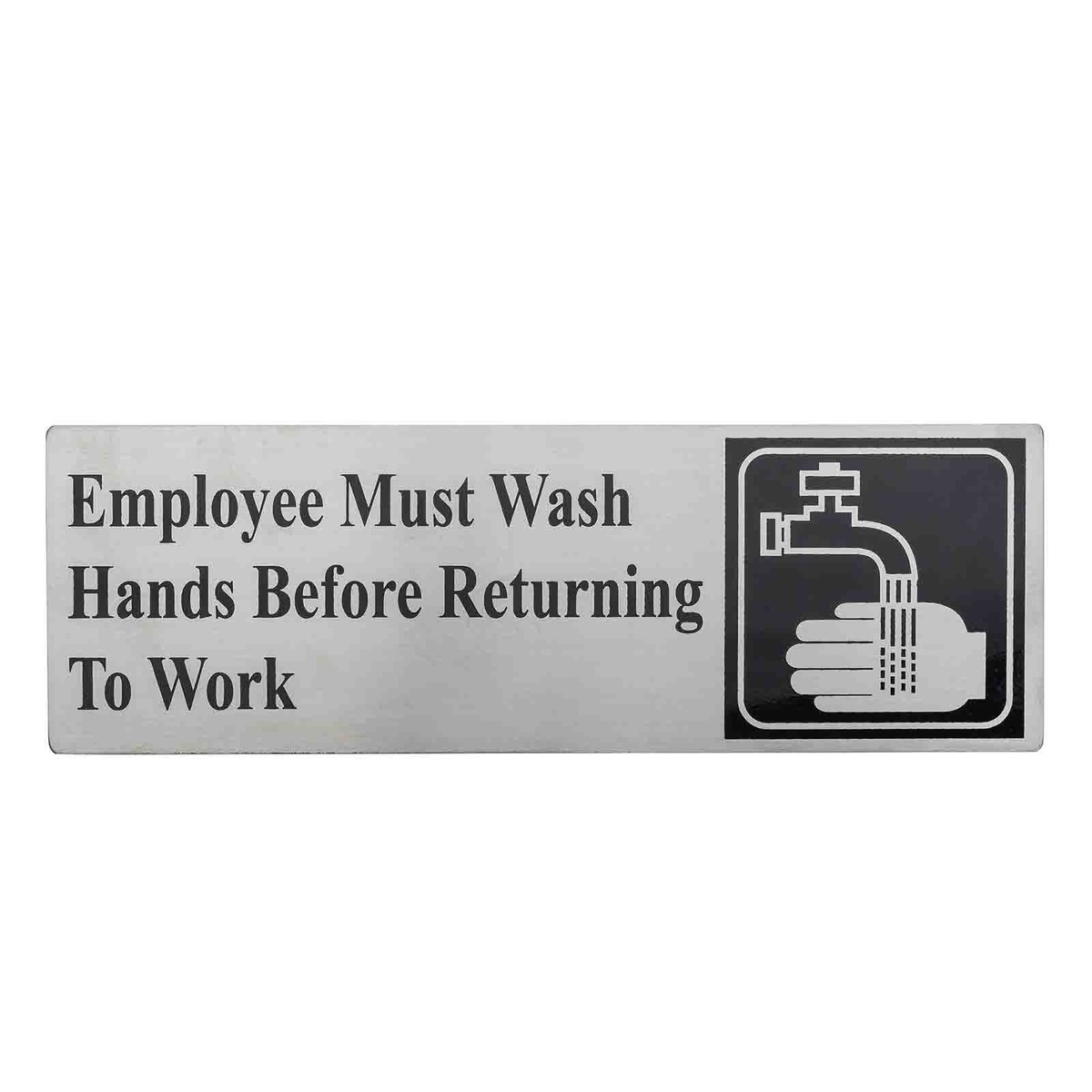Tablecraft B22 stainless steel hand washing compliance sign with silkscreened text and handwashing symbol