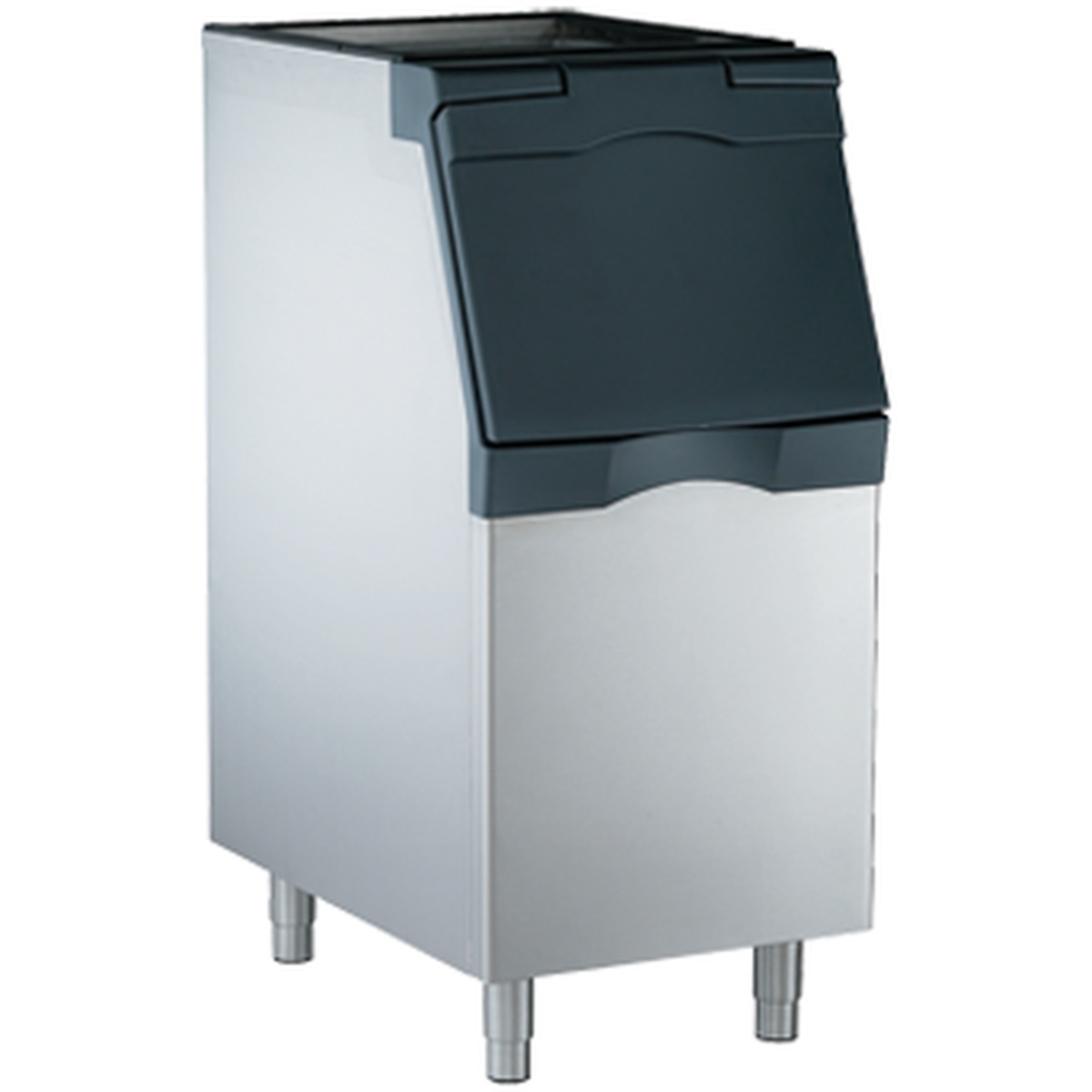 Scotsman B322S ice storage bin with stainless steel body and dark front-opening lid on legs