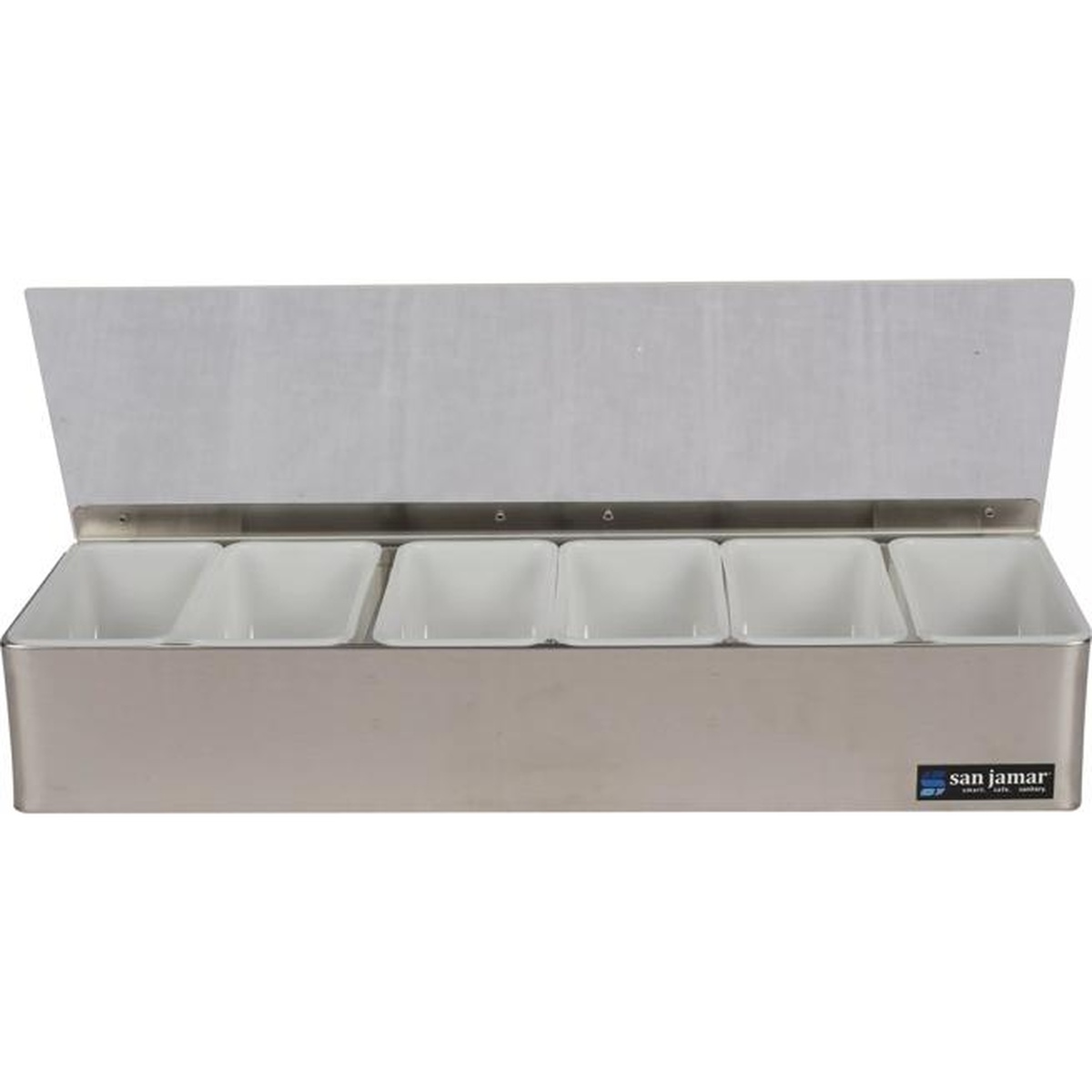 San Jamar B4186L garnish tray with lid fully open revealing six empty white pint inserts