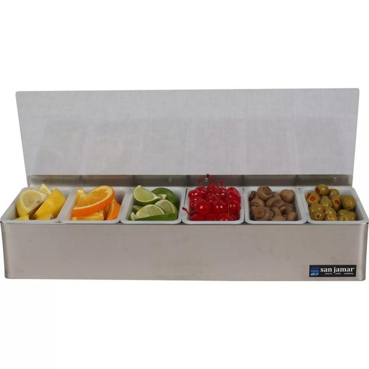 San Jamar B4186L garnish tray front view with hinged plexi lid open and inserts filled with assorted garnishes