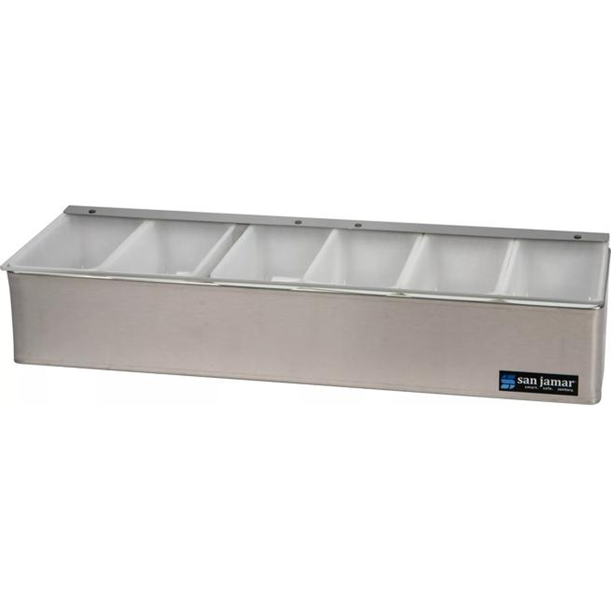 San Jamar B4186L non-chilled stainless steel garnish tray with transparent plexi lid closed, angled view