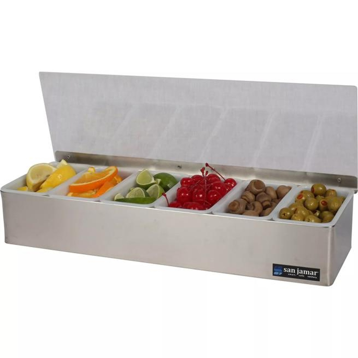 San Jamar B4186L garnish tray with lid open and six inserts filled with lemons, oranges, limes, cherries, mushrooms, and olives