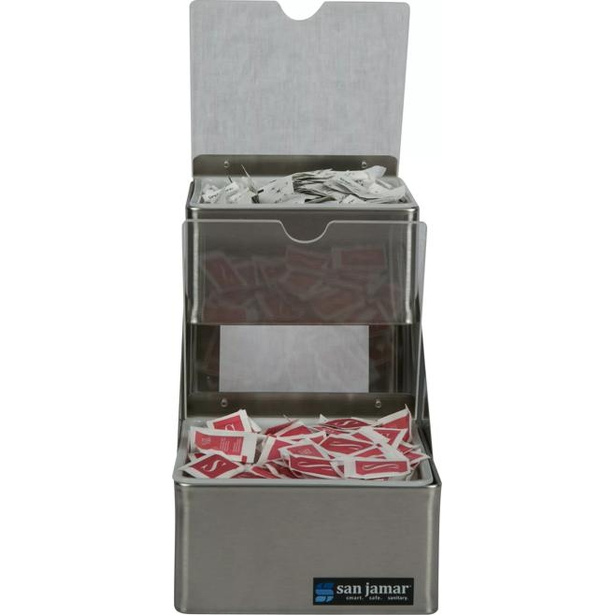 San Jamar B4702INL condiment center filled with sugar and condiment packets with lids open