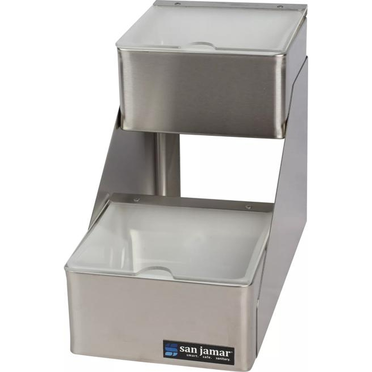 San Jamar B4702INL two-tier stainless steel condiment center with notched lids closed, angled side view