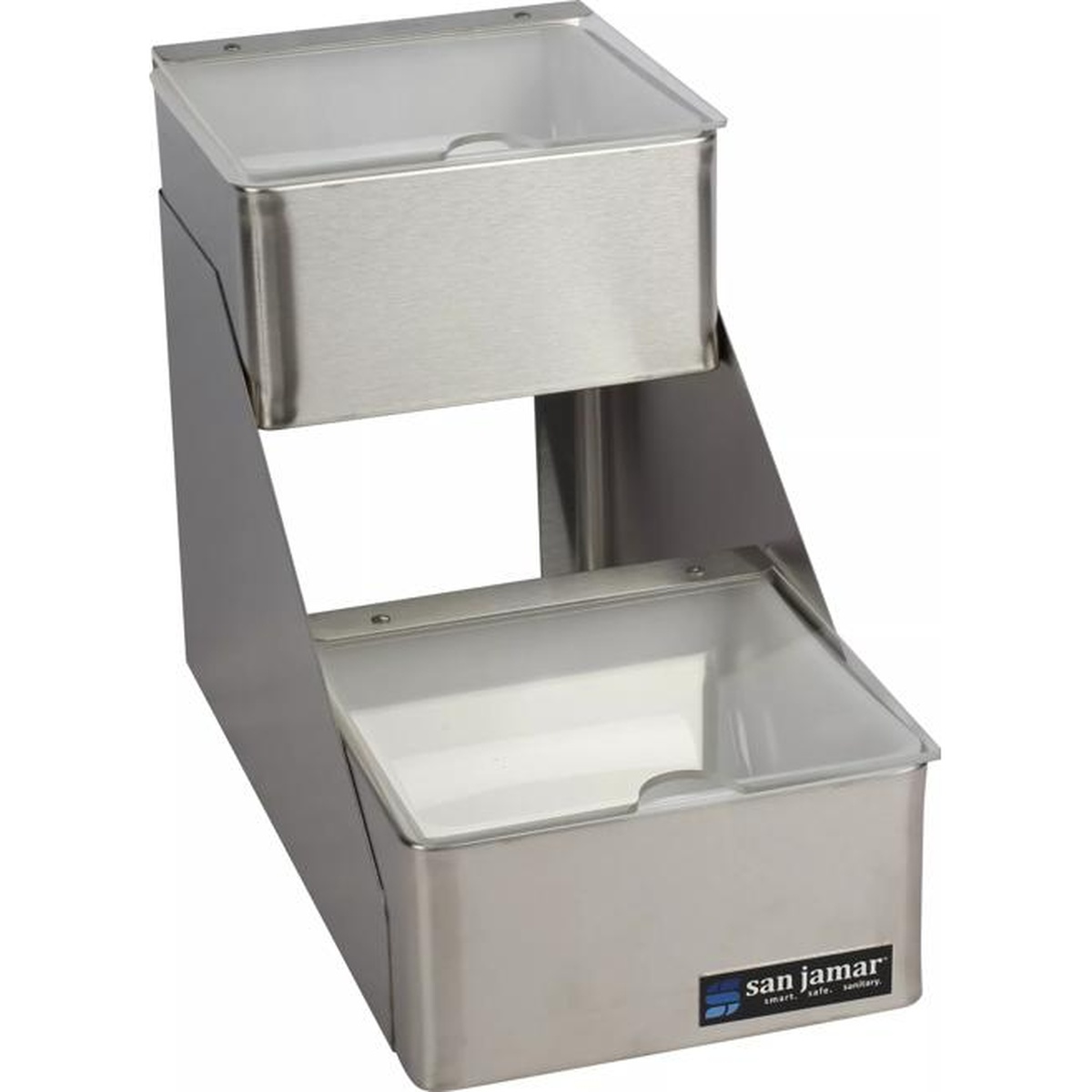 San Jamar B4702INL stainless steel condiment bar shown with open compartments and removable ABS plastic inserts