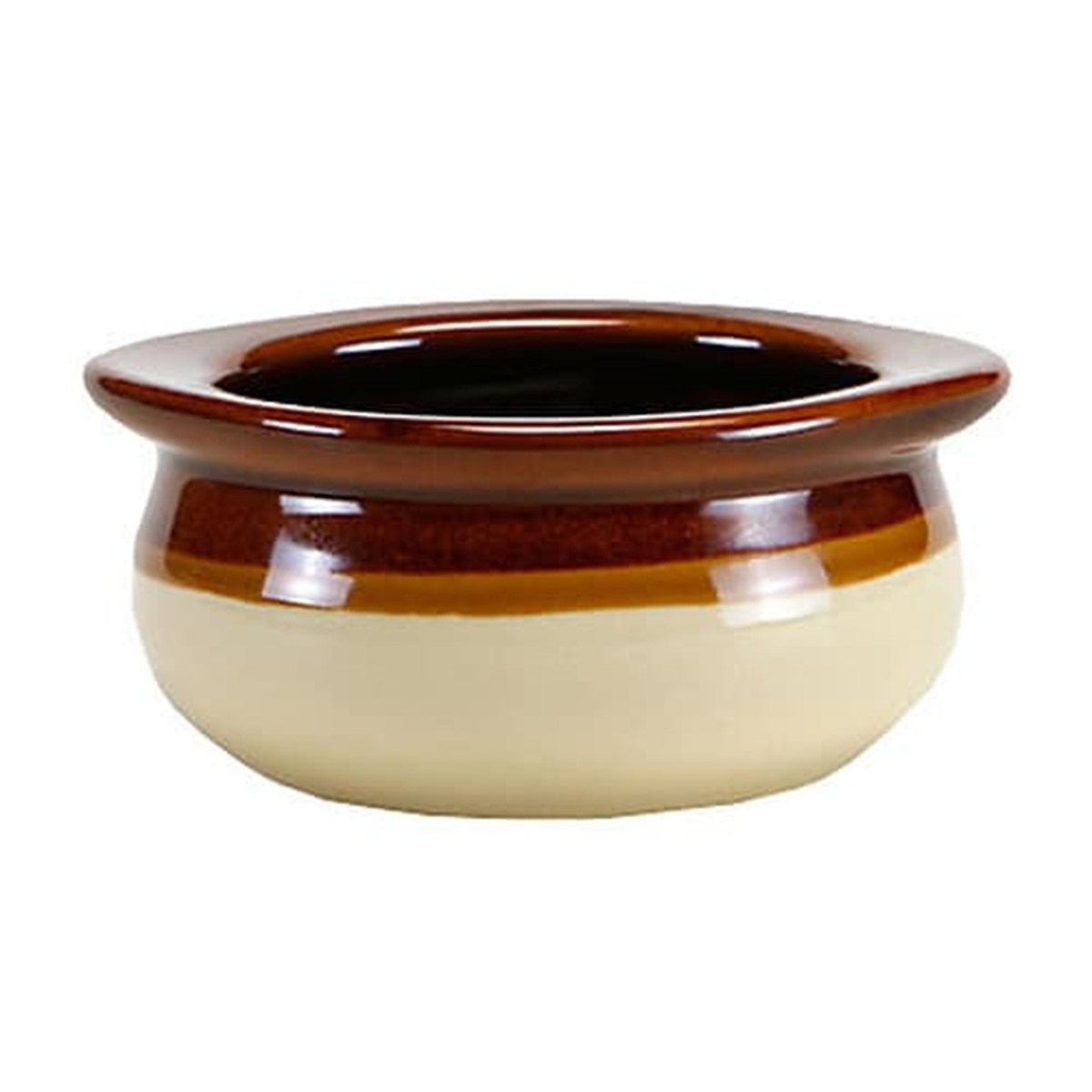 Tuxton B6S-1203 12 oz two-tone caramel and eggshell onion soup crock on white background