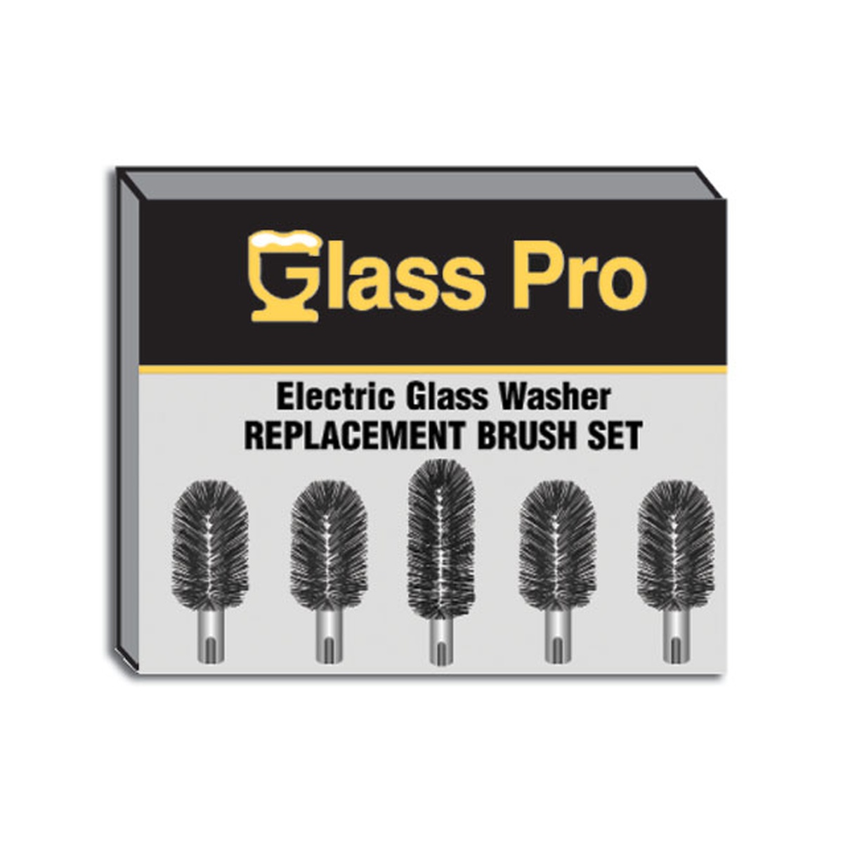 Glass Pro Electric Glass Washer Replacement Brush Set retail box displaying five replacement brushes