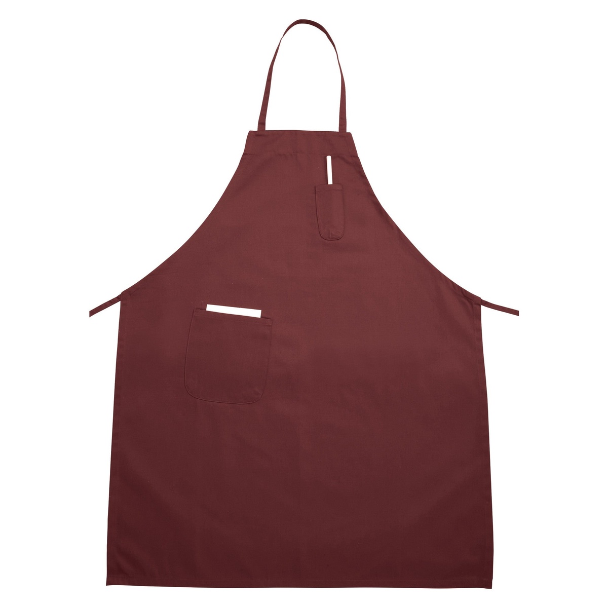 Winco BA-PBG full-length burgundy bib apron with chest pen pocket and lower patch pocket on white background
