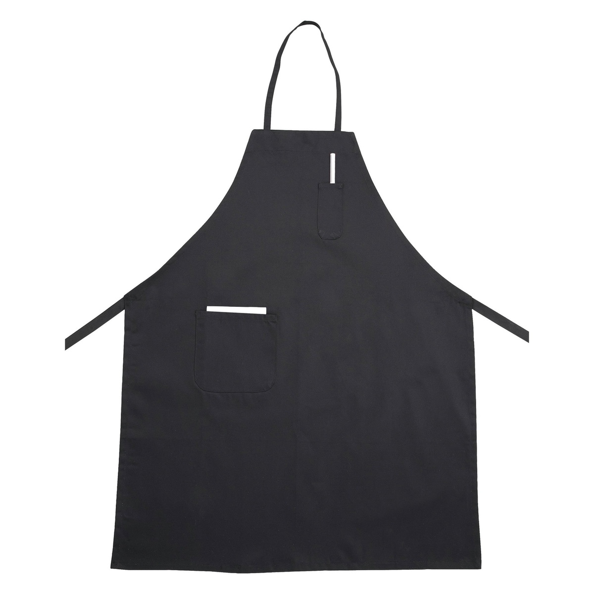 Winco BA-PBK full-length black bib apron with upper pen pocket and lower front patch pocket on white background
