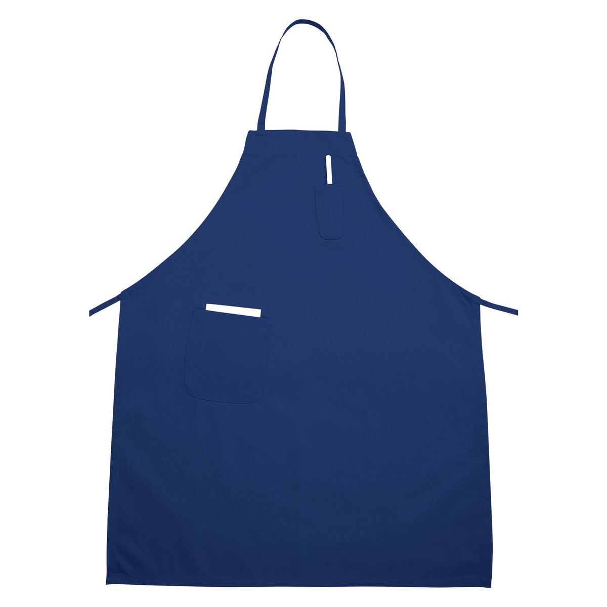 Winco BA-PBL full-length blue bib apron with pen pocket and waist ties, shown flat on white background