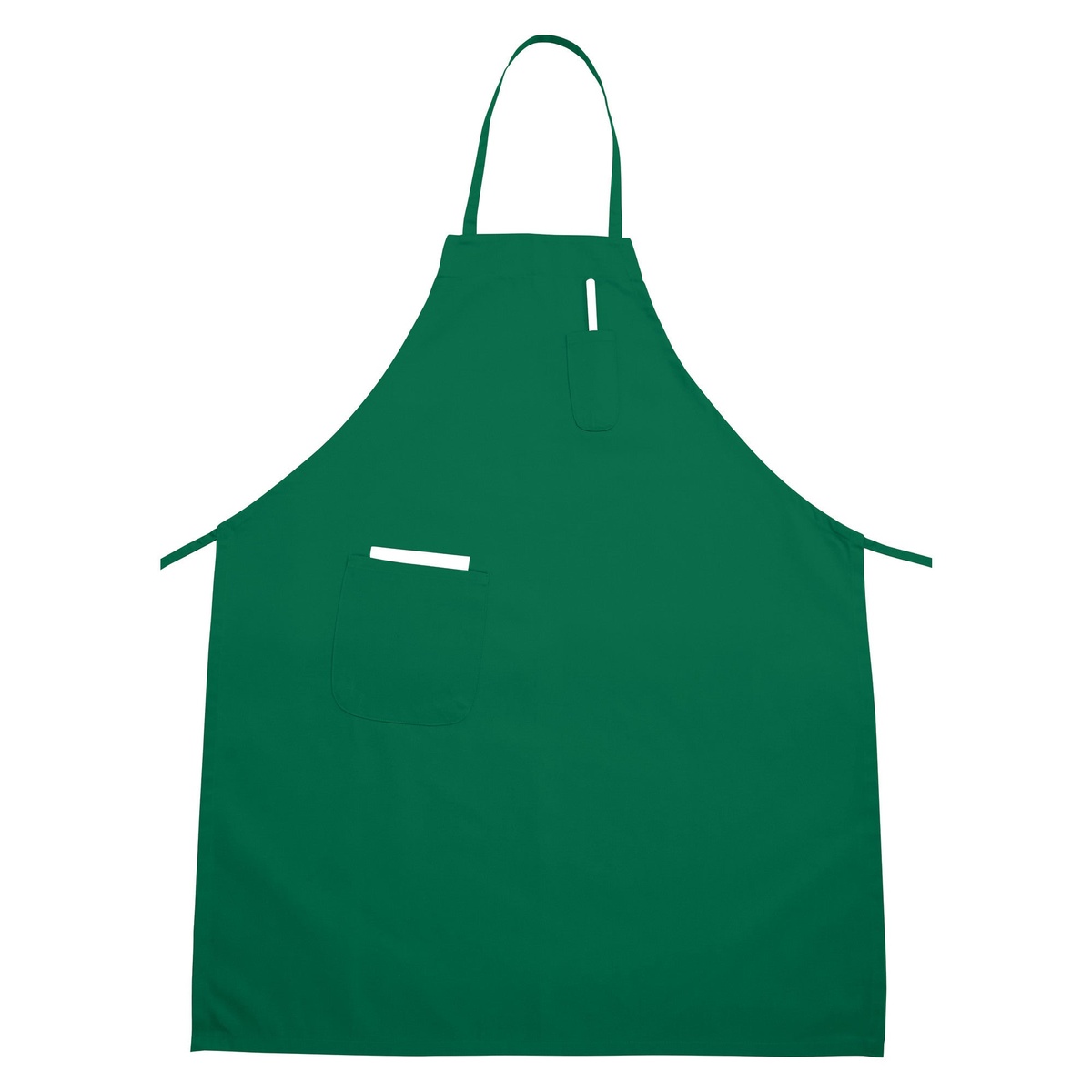 Winco BA-PLG full-length green bib apron with front patch pocket and pen slot, displayed flat on white background