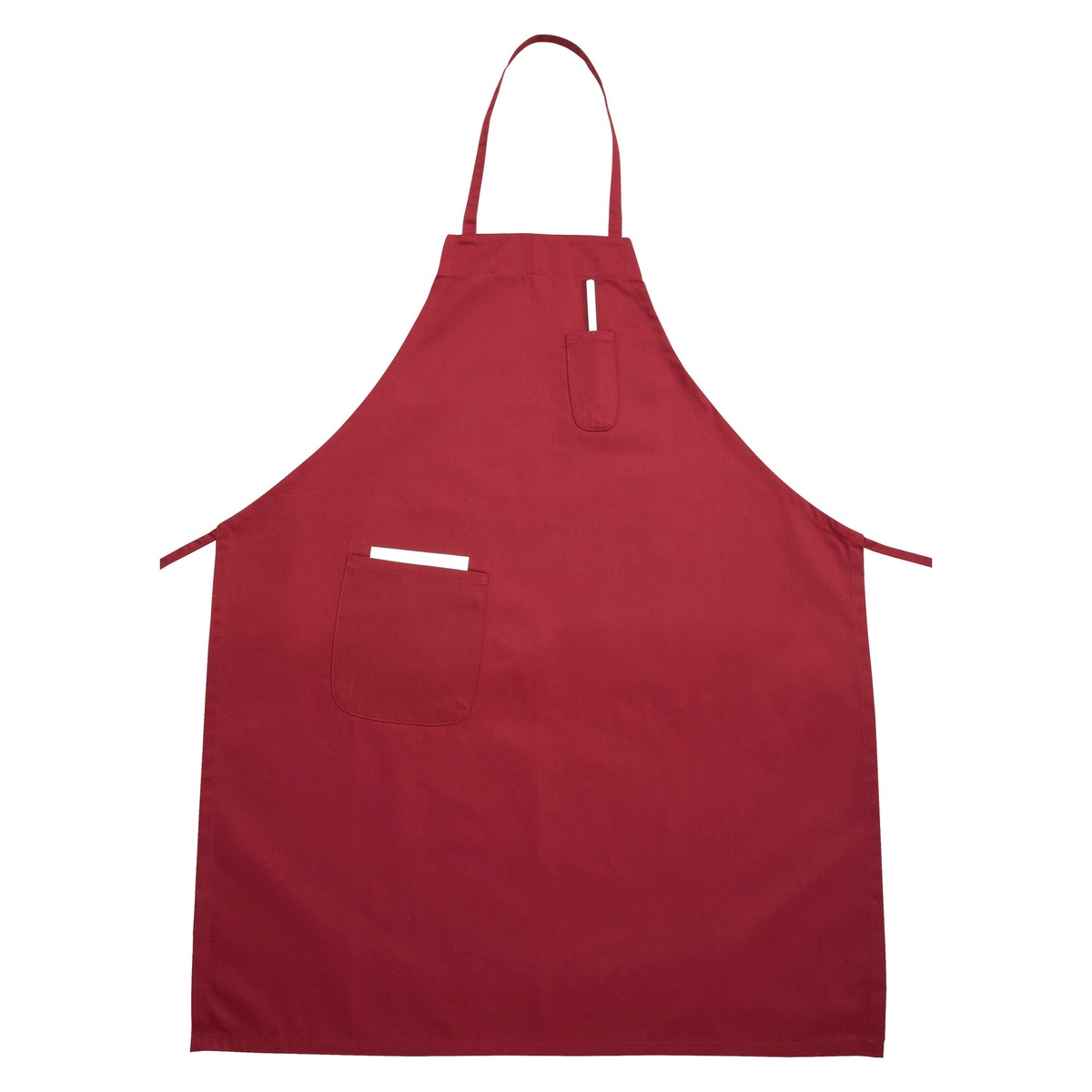 Winco BA-PRD full-length red bib apron with pen pocket and large front pocket on white background