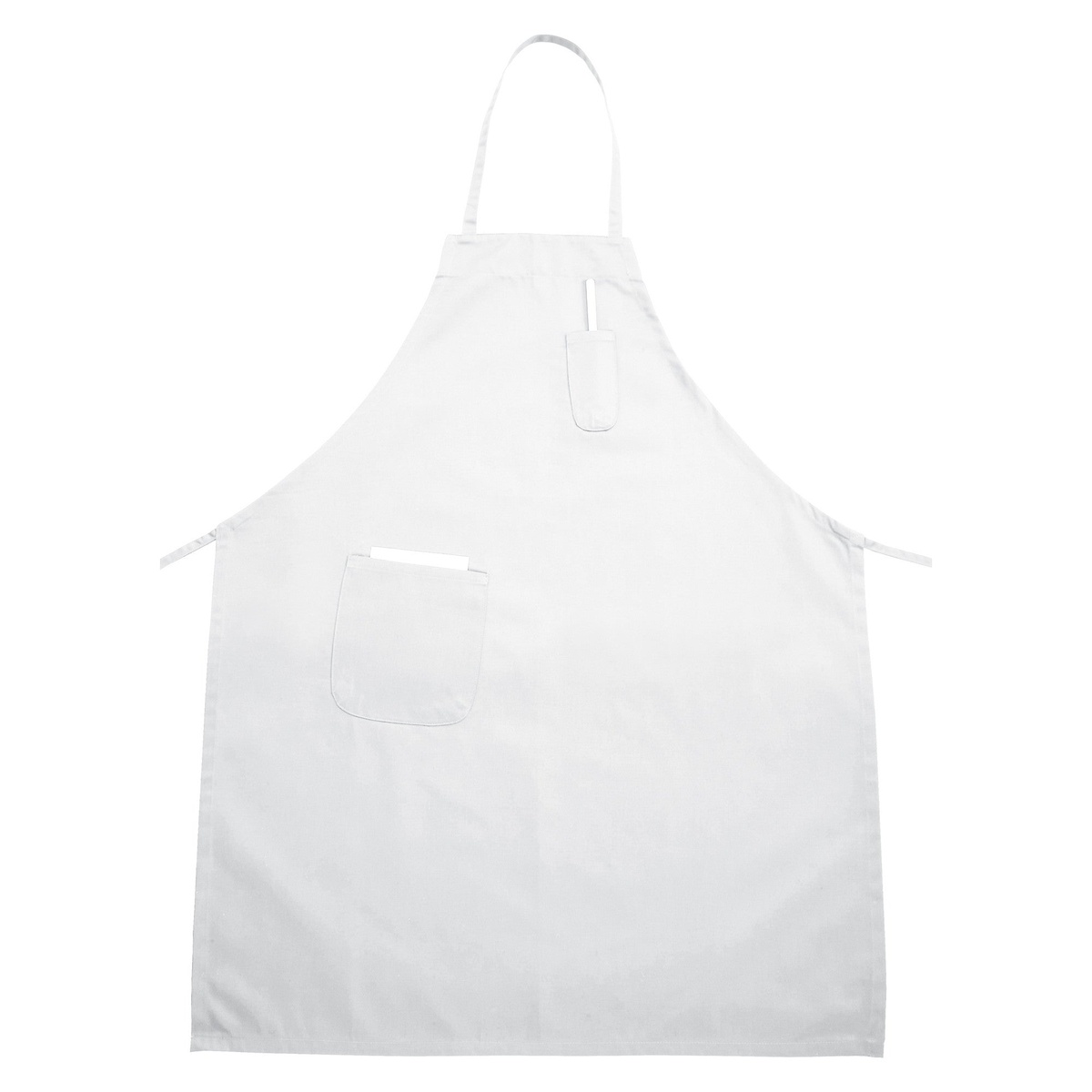 Winco BA-PWH white full-length bib apron with two front pockets on white background