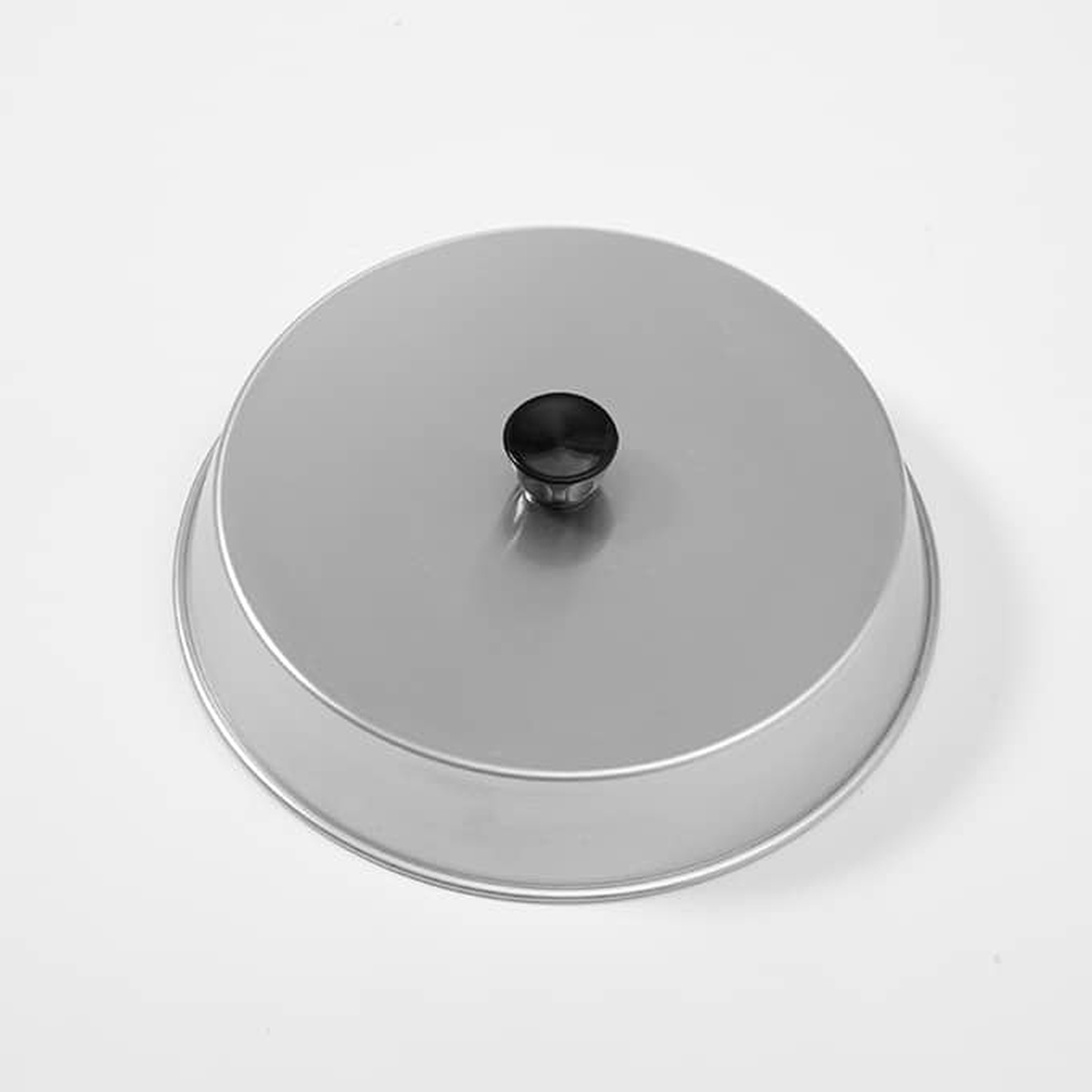 American Metalcraft BA1040A round aluminum dome basting cover with black Bakelite knob, viewed from above at an angle