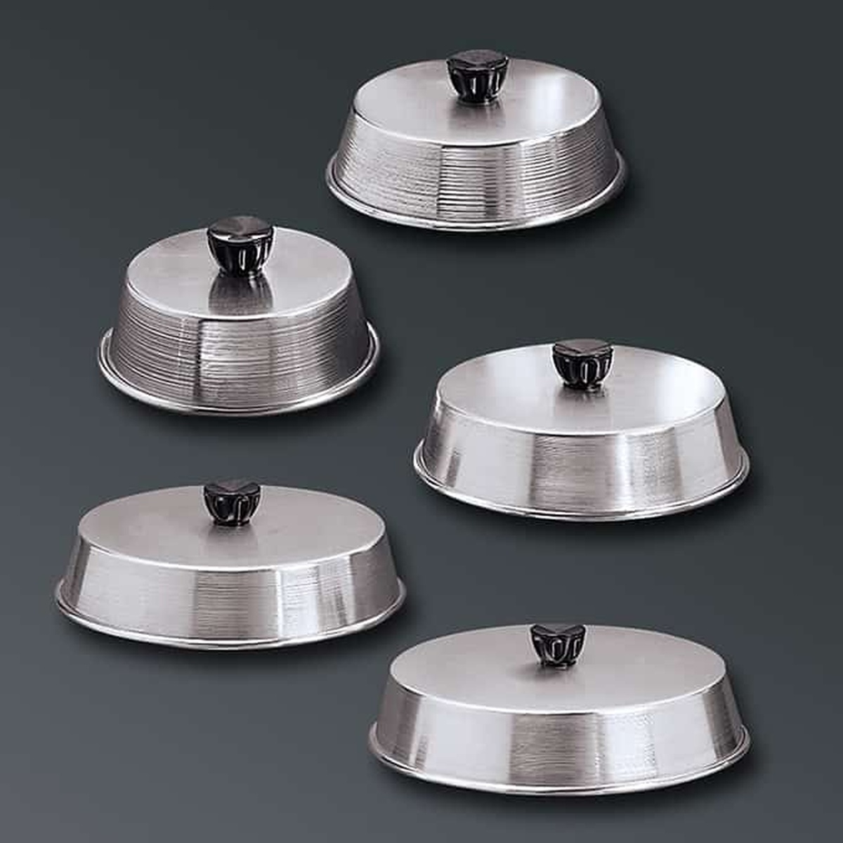 American Metalcraft round aluminum basting covers in multiple sizes with black Bakelite knobs