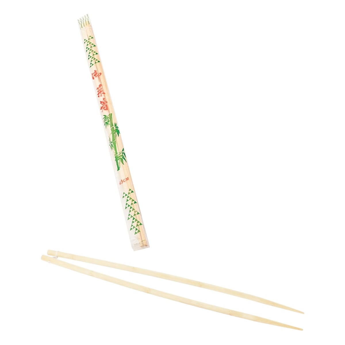 Thunder Group BACS002 17-inch bamboo chopstick pair shown sealed in wrapper and unwrapped side by side