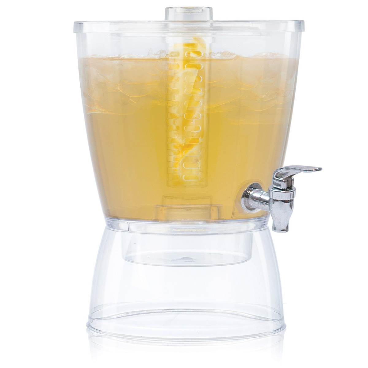TableCraft BAD1500 beverage dispenser filled with iced lemon beverage showing infuser tube with lemon slices and chrome spigot