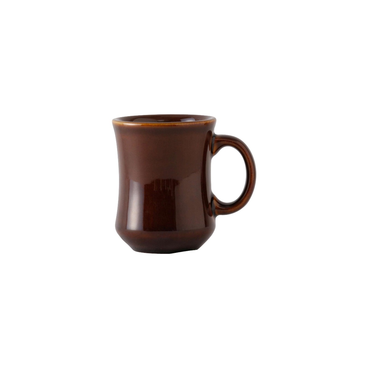 Tuxton BAM-0806 9 oz Caramel Princess Mug with tapered sides, rounded handle, and glossy glaze