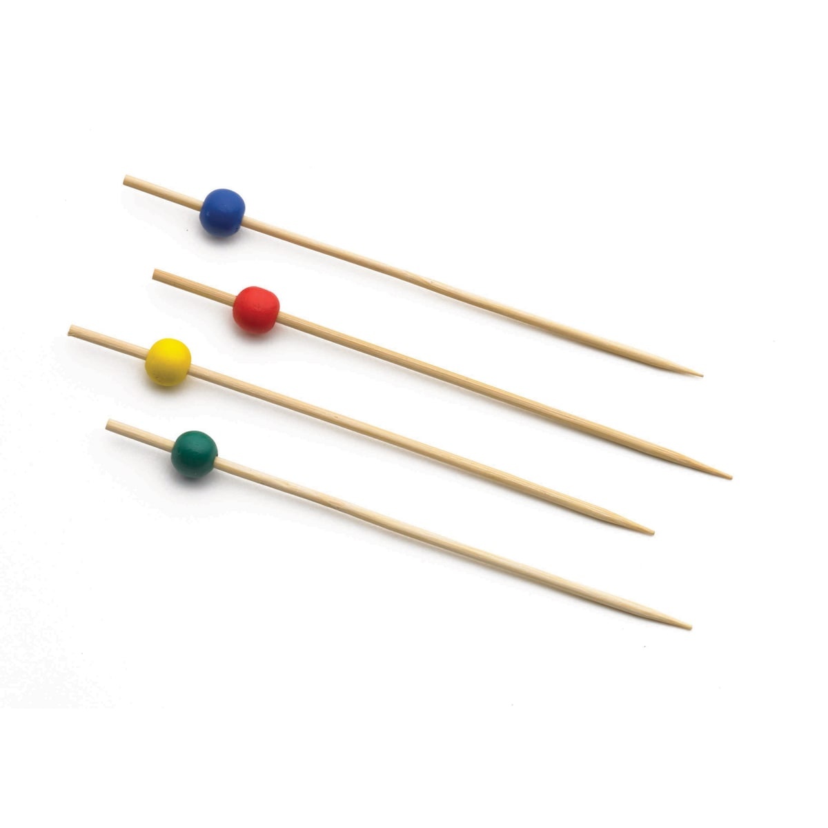 Four bamboo picks with colored ball beads in blue, red, yellow, and green on a white background