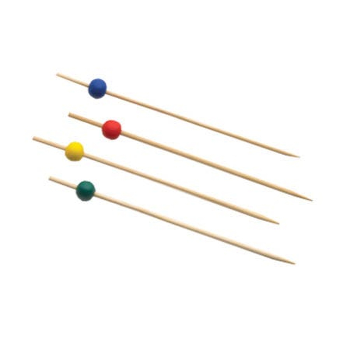 Four bamboo picks with assorted colored ball accents in blue, red, yellow, and green