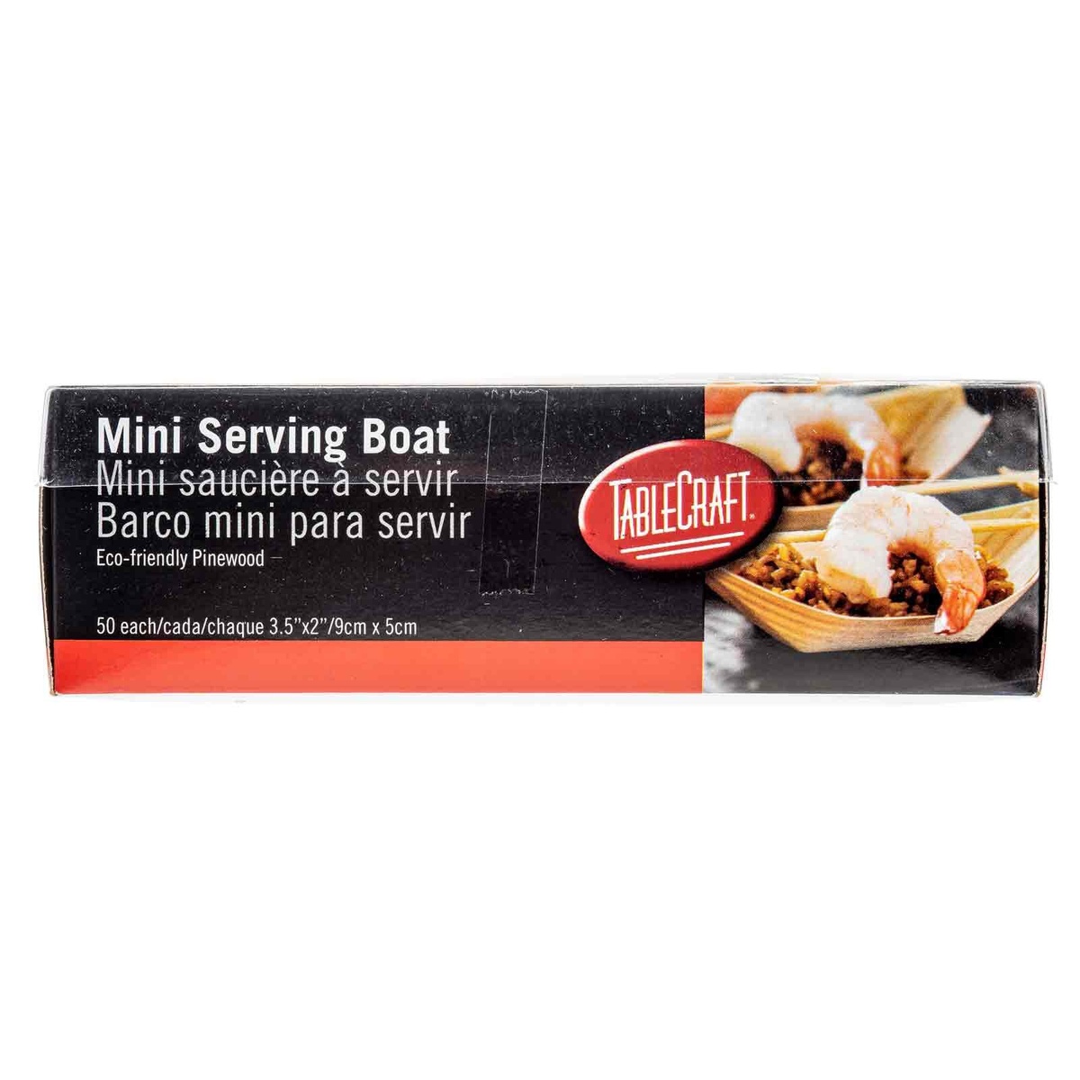 Side panel of TableCraft Mini Serving Boat packaging showing eco-friendly pinewood branding and 50-count size information