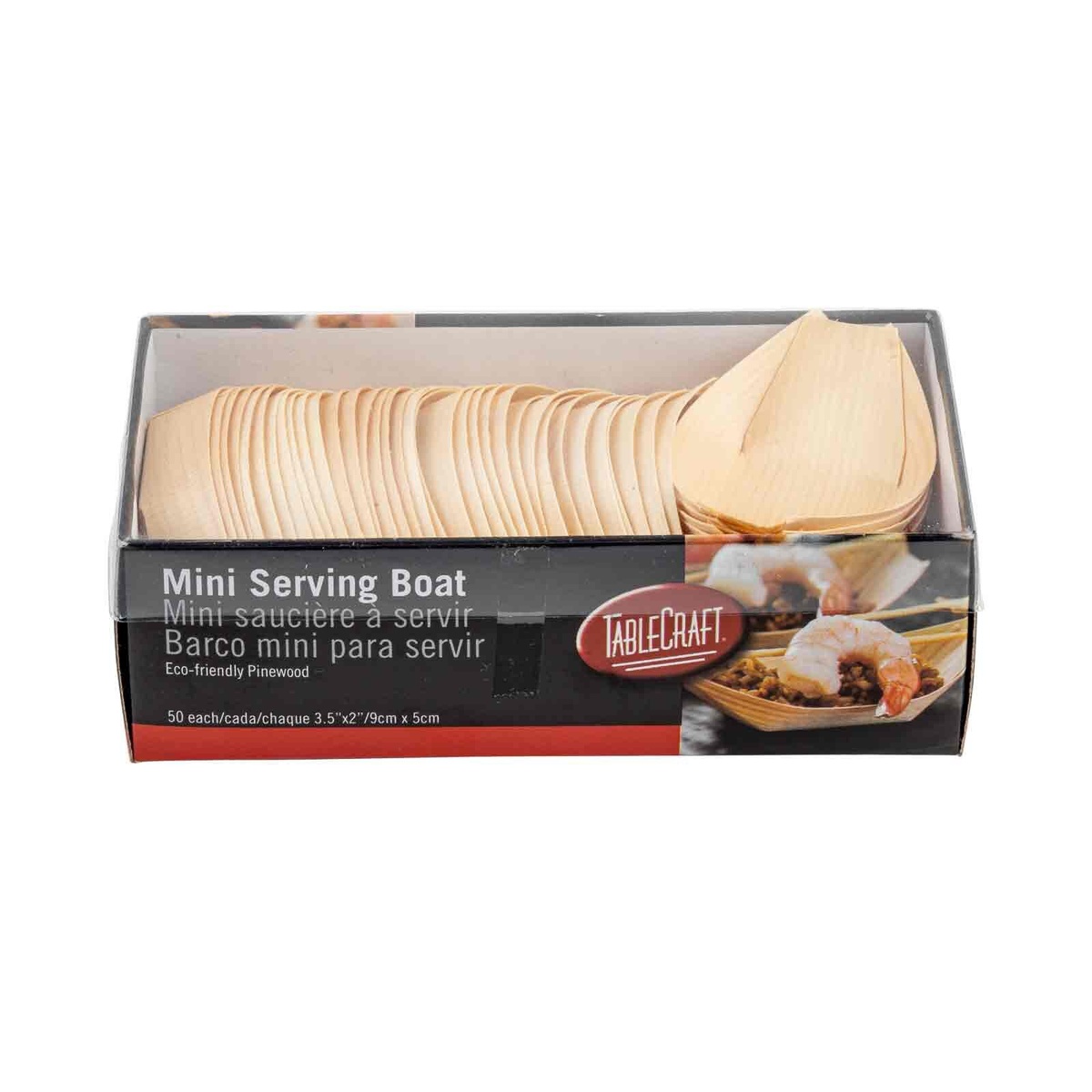 Front of TableCraft Mini Serving Boat retail packaging showing product name, eco-friendly pinewood label, and 50-count details
