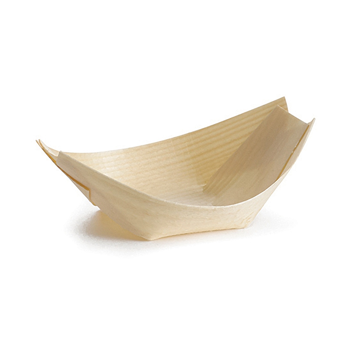 Single mini pinewood serving boat with boat-shaped design on white background