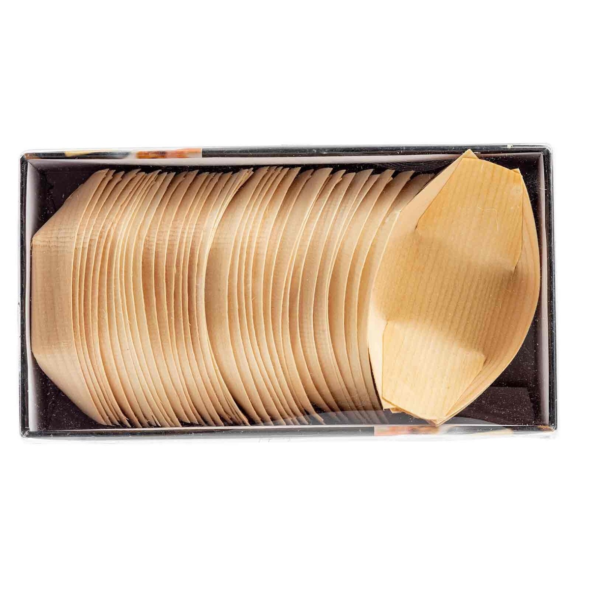 Top-down view of clear box packaging containing stacked mini pinewood serving boats